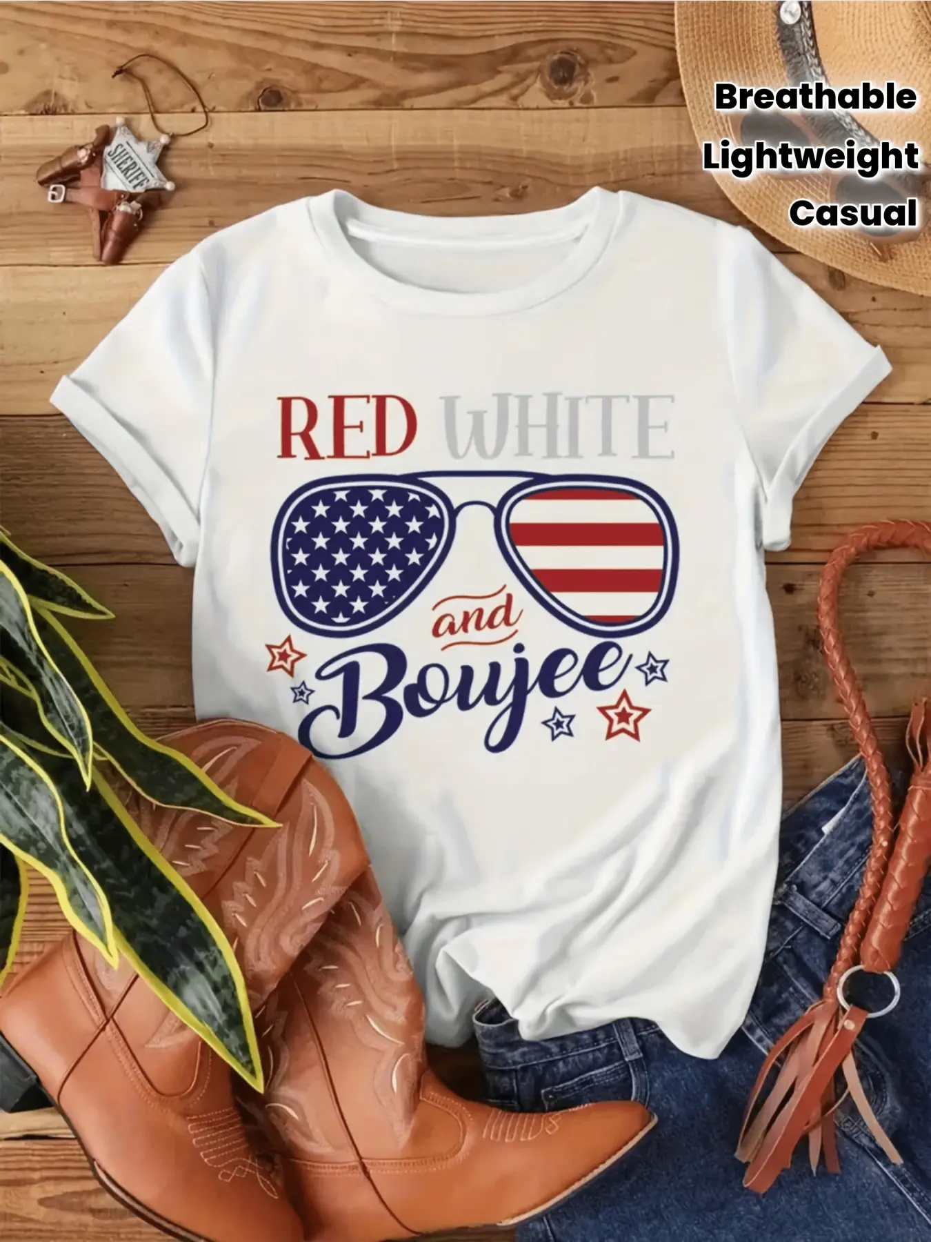 Crew Neck T Shirt Fashionable Red White And Boujee Graphic with American Flag Print T Shirt Casual Crew Neck Top Lightweight And Breathable for Spring And Summer Wardrobe Top for Daily Crew Neck Drop Shoulder Versatile