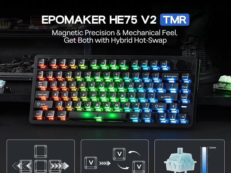 EPOMAKER HE75 V2 TMR Hall Effect Gaming Keyboard w/ Changeable Knob  Rapid Triggering, 8K Polling, 0.01mm Adjustable Actuation, Hybrid Hot-Swap, Creamy & Thocky, 2.4Ghz/BT for Mac/WIN