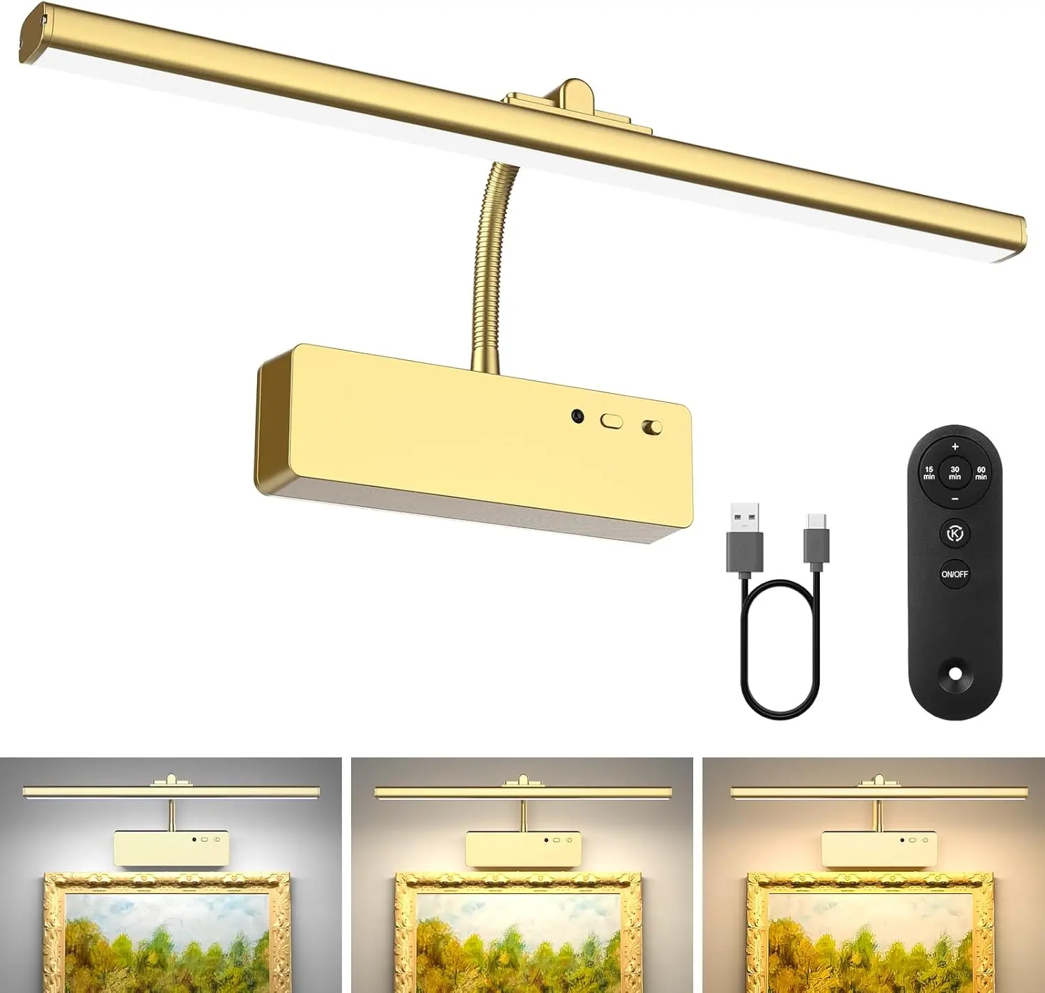 Lightbiz Picture Light, 15.35inch 5400mAh Rechargeable Picture Lights for Wall Battery Operated Wall Lights, Paintings Light Dimmable Art Light for Artwork, Gallery