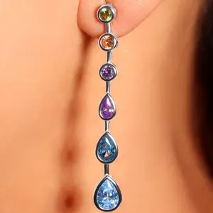 Lilies and Crown Gemstone Pear Shape Dangle Earrings - Rainbow Ombré Cascade Design for Elegant Outfits