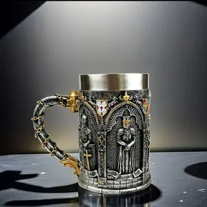 1Count Medieval Knight Beer Mug with 3D Carvings Large Capacity Stainless Steel & Resin Vintage Design Coffee Cup Perfect for Beer Tea or Coffee - Ideal Holiday for Halloween Christmas or Easter Holiday Mug| Vintage Drinkware| Stainless Steel Mug Tumbler