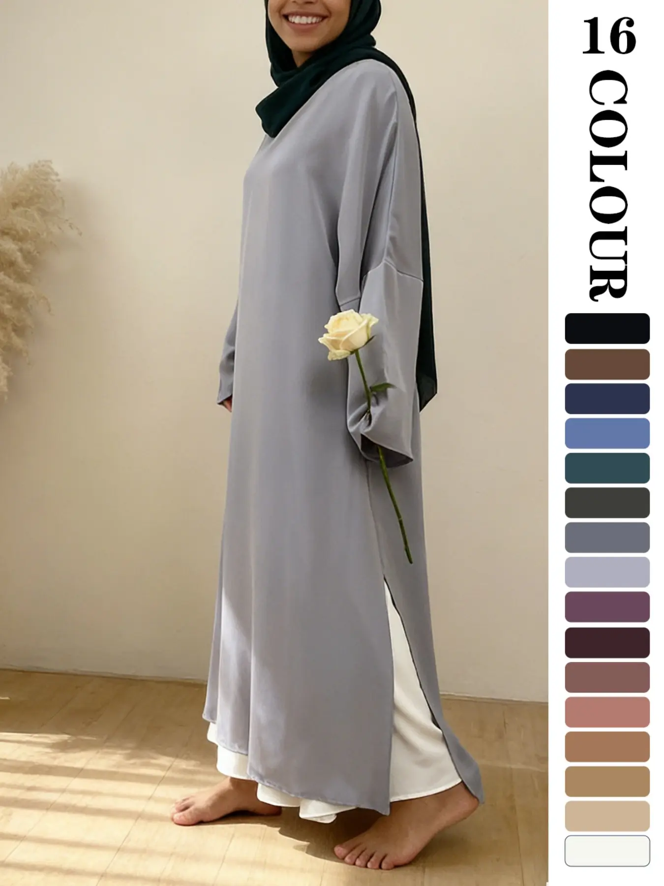 Muslim Sleepwear Nida Fabric, 16 colour Available in 5 Sizes,  Breathable Loose Fit, Side Slit Design, Casual Long Robe, Not Included   inner and Hijab