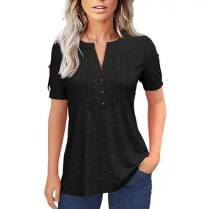 Imily Bela Women's fashion summer pleated button short sleeve T-shirt summer V-neck solid color casual Tunic top M8G211
