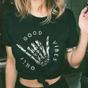 ONLY GOOD VIBES AND SKULL HAND PRINTED WOMEN'S T-SHIRT, Ladies Summer Outfit, Gift For Women, Mothers Day Gift, Gift For Girl Friend, Full Size, Full Color