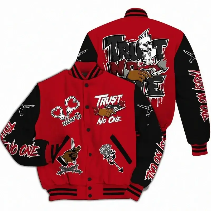 Bred Velvet 11s Trust No One Varsity Jacket, Dripping All Over Print Letterman Jacket, Unisex Baseball Sport Coat, Retro Streetwear Outerwear, Casual Fashion Jacket, Gift for Men and Women