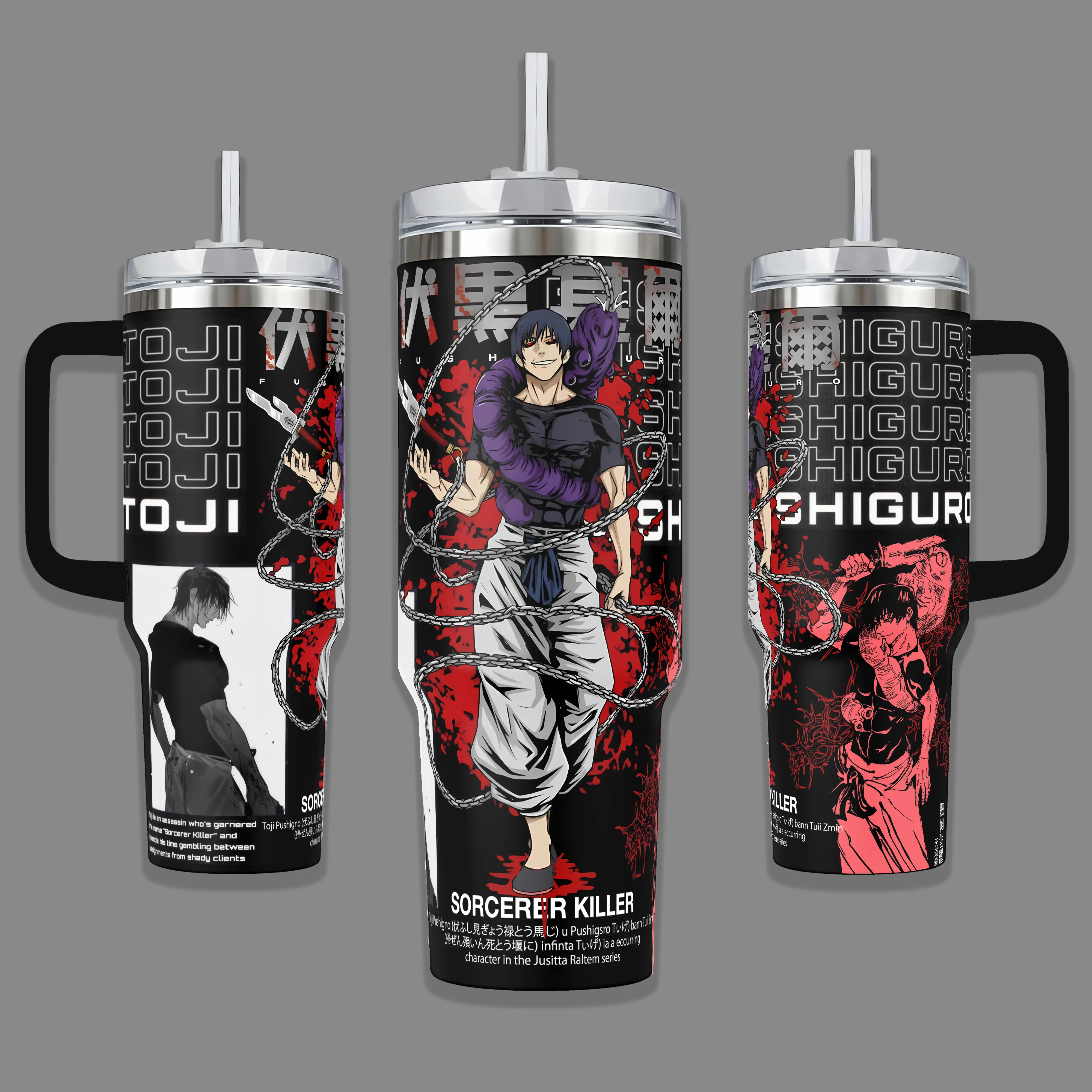 Toji Fushiguro Sorcerer Killer Anime Stainless Steel Insulated Travel Tumbler With Handle 20oz 40oz Jujutsu Kaisen Manga Coffee Cup