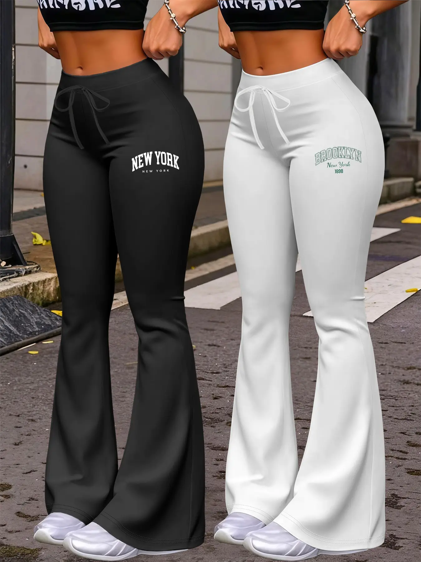 Women's Casual Flared Leg Pants, New York & Brooklyn Letter Print Long Pants, Fitted Adjustable Drawstring Yoga Pants for All Seasons