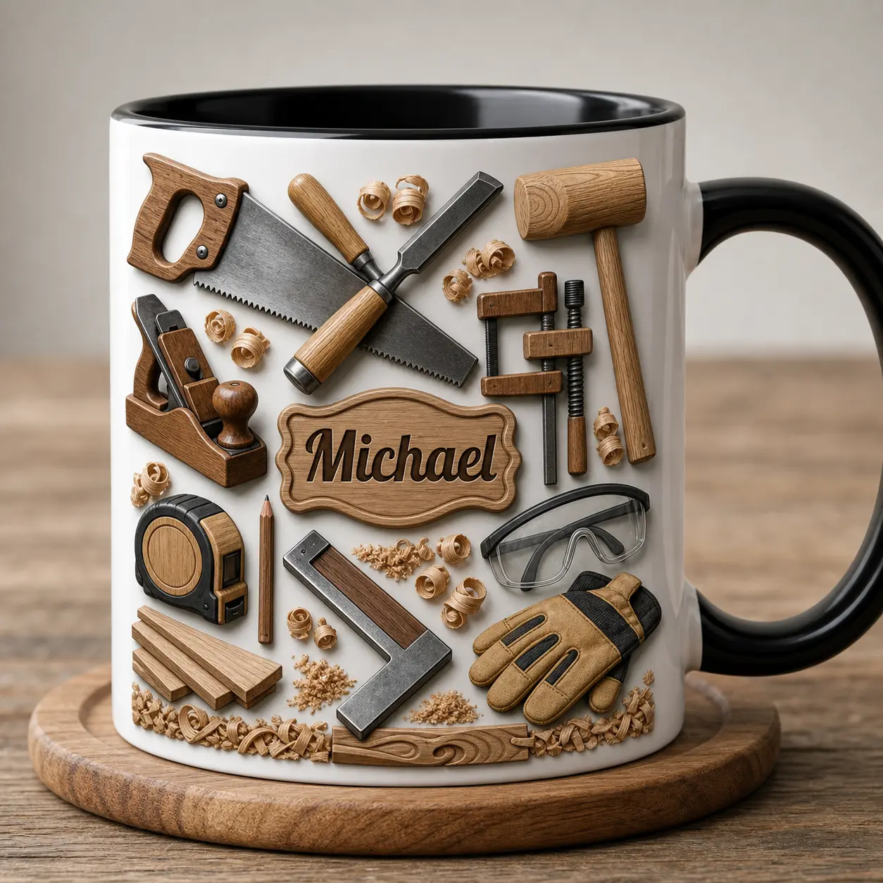 Personalized Carpenter Mug 2D Printed 3D Effect, Custom Name Ceramic Coffee Cup with Woodworking Tools, Saw, Chisel and Mallet Design, Gift for Men