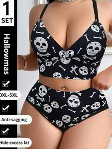 Halloween Print Design Plus Size Women's Bra And Underwear Set, No Steel Ring Underwear Set, Thin Sports Style