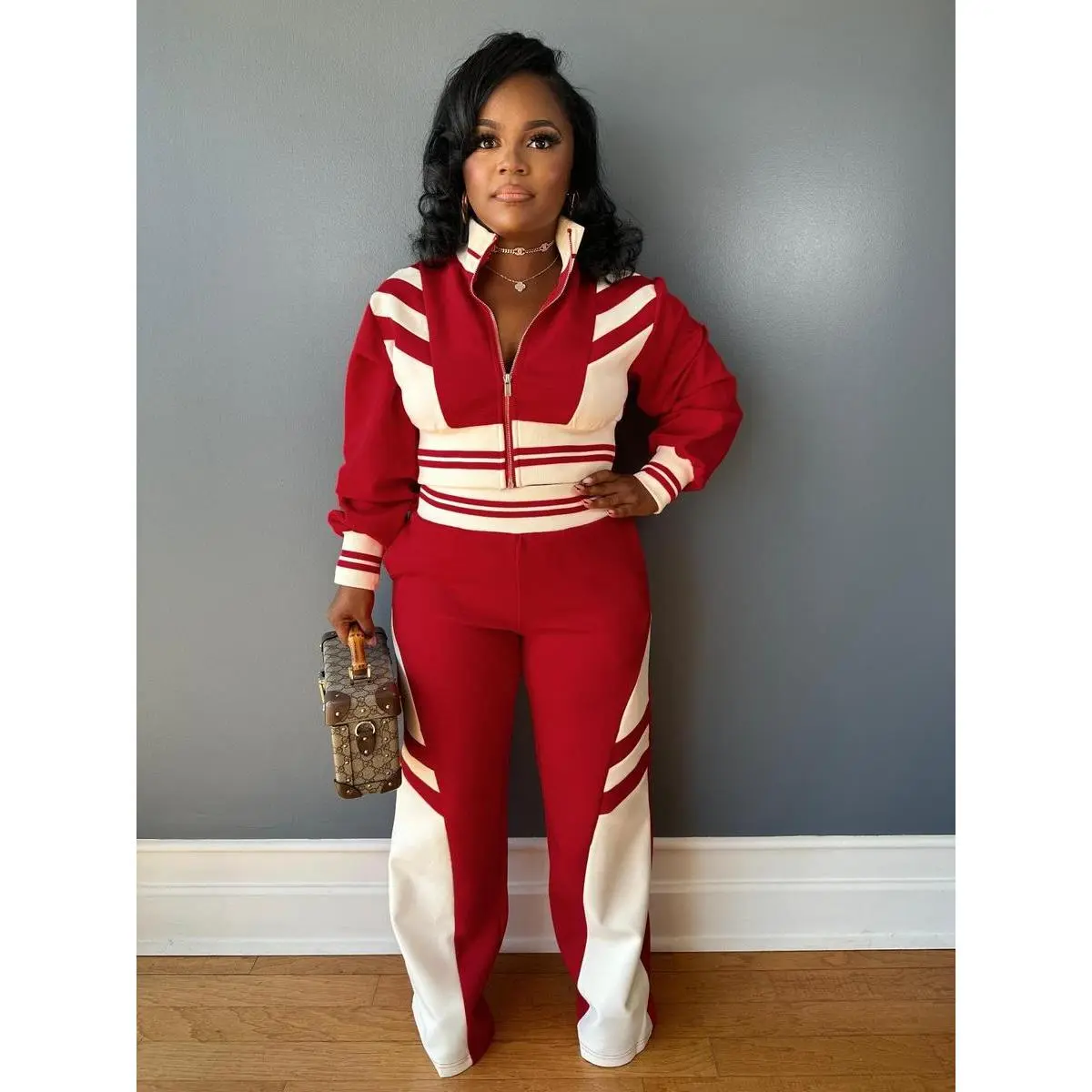 Urban Women's Colorblock Print Zip Up Crop Jacket & Pants Two-piece Set, Casual Matching for Daily Outdoor Wear, Comfort, Coord Set, Fabric Daily Comfort Fit Essential Wardrobe Piece Casual Everyday Street Trendy Chic