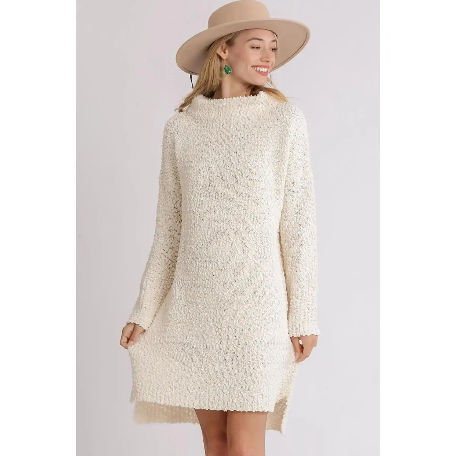 High Low Long Sleeve Boucle Sweater Dress
