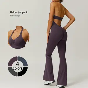 TimeOFF Women's Halter Neck Jumpsuit , Folded Chest, Flared Legs, Butt-Lifting Design , Yoga, Gym & Outdoor Activewear Fitness Outfits Workout Apparel, Solid Color Jumpsuit, Sportswear Jumpsuits