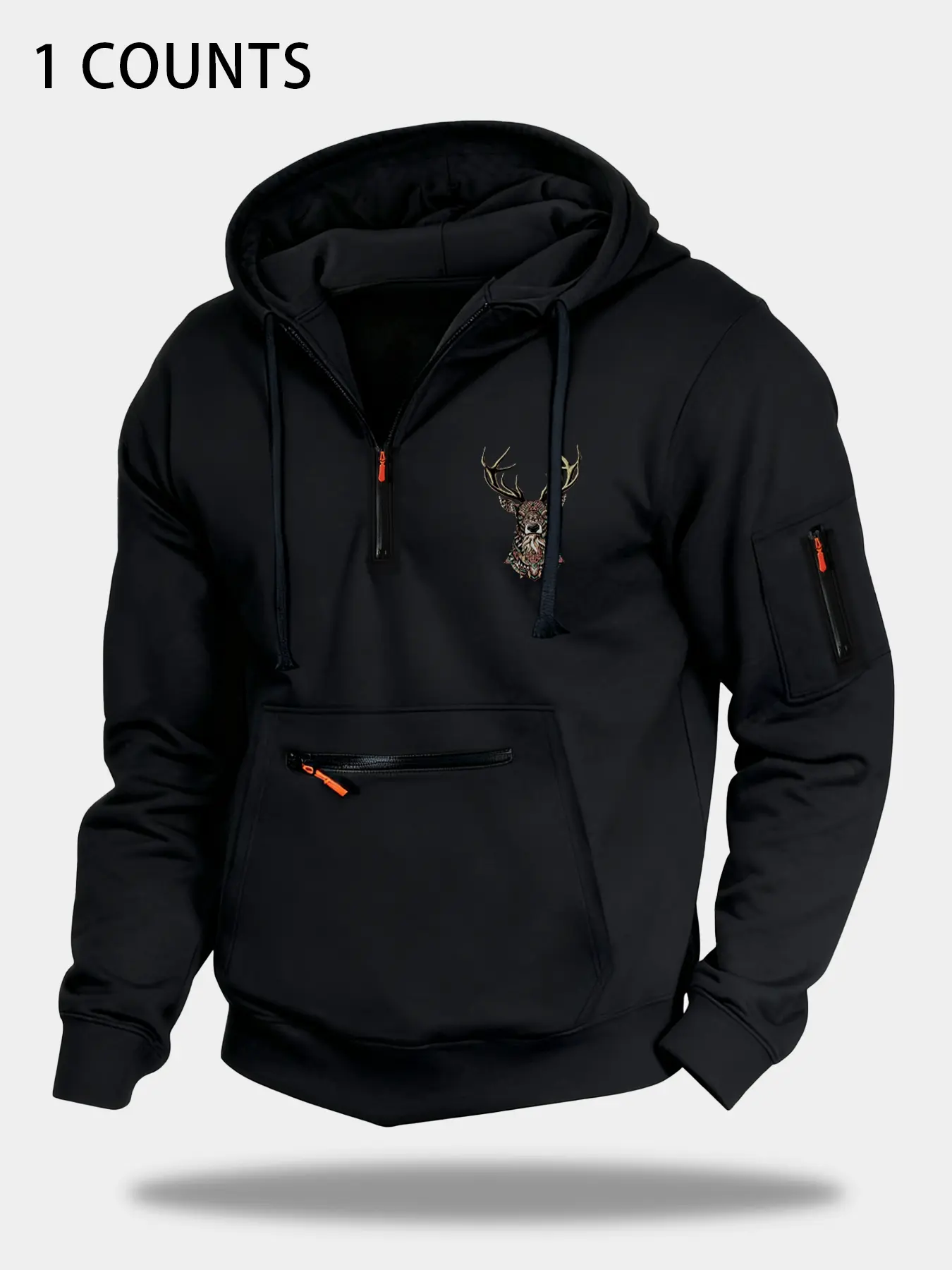 Autumn Winter Thick Hoodie with Zipper Design, Deer Head Print, High-Quality Comfortable Fabric, Athletic Hoodies, Hoodie Clothing Tops, Casual Comfy Sporty, Casual Sportswear for Outdoor Adventure