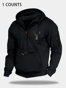 Autumn Winter Thick Hoodie with Zipper Design, Deer Head Print, High-Quality Comfortable Fabric, Athletic Hoodies, Casual Sportswear for Outdoor Adventure