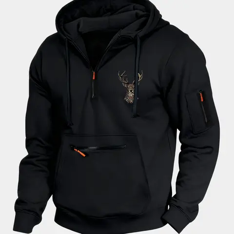 Autumn Winter Thick Loose Hoodie with Zipper Design, Deer Head Print, High-Quality Comfortable Fabric, Athletic Hoodies, Hoodie Clothing Tops, Casual Sportswear for Outdoor Adventure