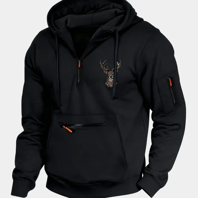 Autumn Winter Thick Loose Hoodie with Zipper Design, Deer Head Print, High-Quality Comfortable Fabric, Athletic Hoodies, Hoodie Clothing Tops, Casual Sportswear for Outdoor Adventure
