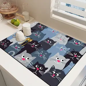 1pc Cute Kitten Drying Mat Non-Slip Rubber Backing - Black Cat & Paw Print on Light Blue Counter, Modern Kitchen Sink Mat, Mat for Dish Drying Area Accessories Suitable for Modern Kitchens