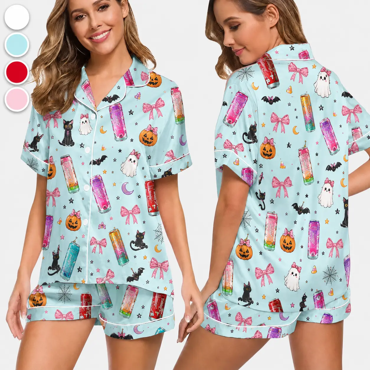 Halloween Energy Drink Coquette Pajama Set for Women, Cute Bow Satin Spooky Sleepwear