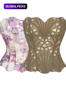 Women's Random Pattern Lace Up Shapewear Tube Top, Elegant Contrast Lace Corset Top, Tummy Control Shapewear Underwear for Women