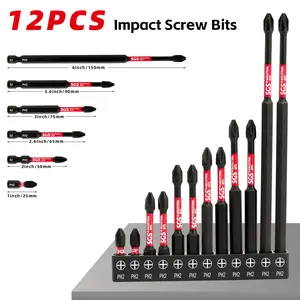 12 Pcs Impact and Wear-Resistant, Non-Slip Magnetic Phillips Screwdriver Bits Set (25mm, 50mm, 65mm, 75mm, 90mm, 150mm) PH2 with Black Base, Universal 1/4" Shank, S2 Steel Ideal for Handicrafts, Forestry Woodworking, Office and DIY Use