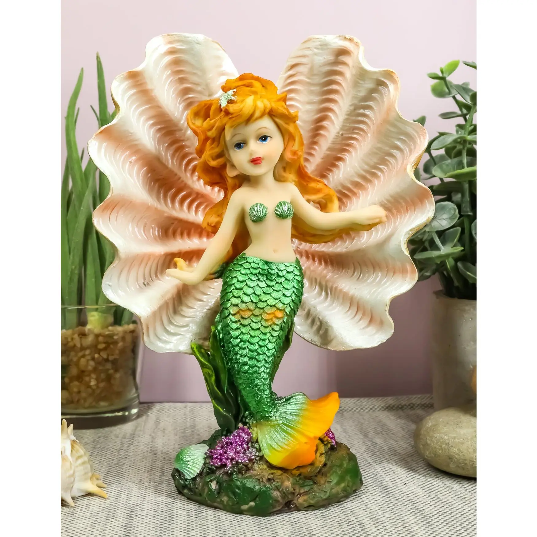 Ebros 6.75"H Colorful Nautical Mermaid Mergirl With Giant Shell And Green Tail Statue