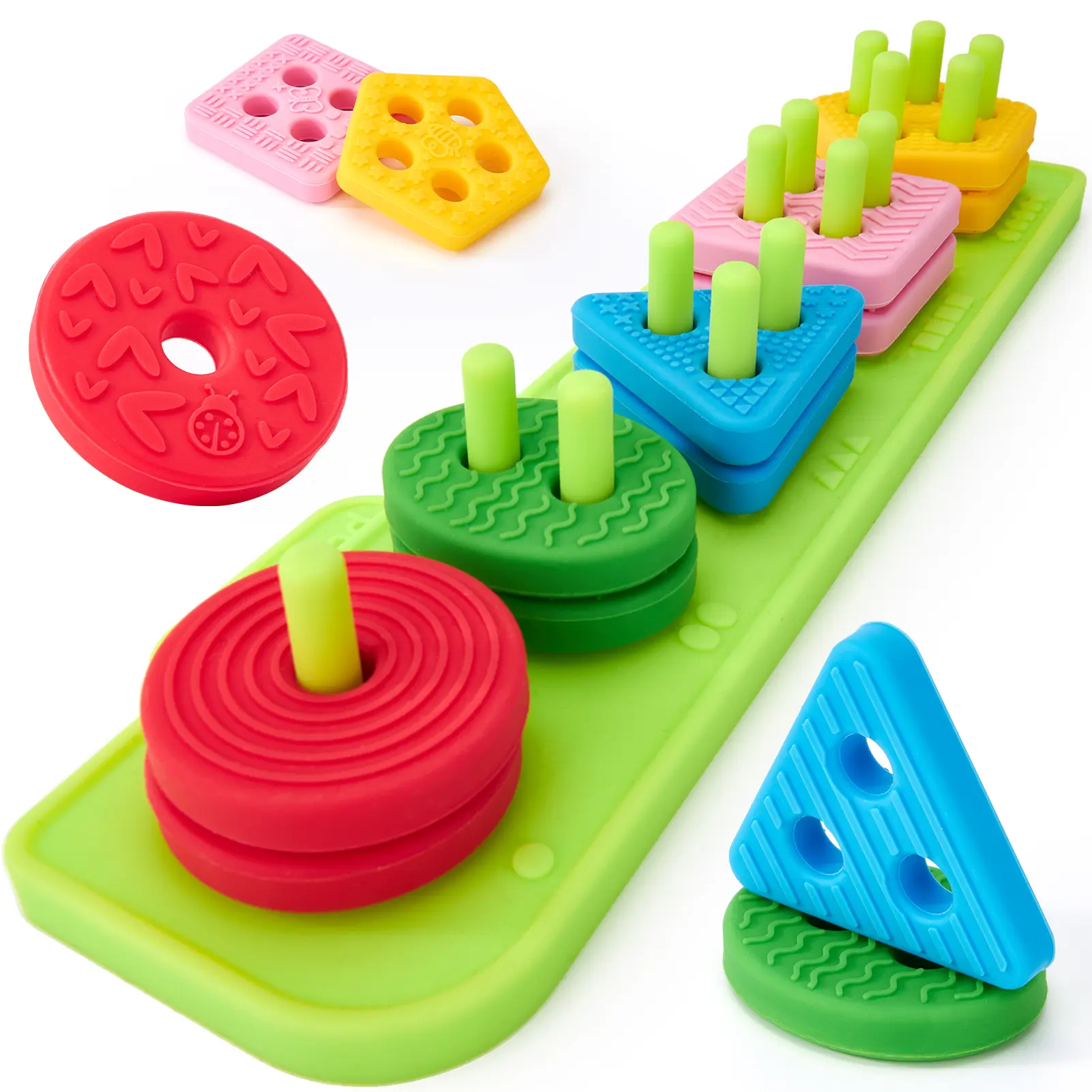 hahaland Silicone Sorting & Stacking Toys,Textured Soft Blocks for Shape & Color Sorting Montessori Learning toys,Toys for Stress Relief and Focus Training.Bath toy.6-12 mouths Year Old Gifts Sensory Board Multi Activity Playset