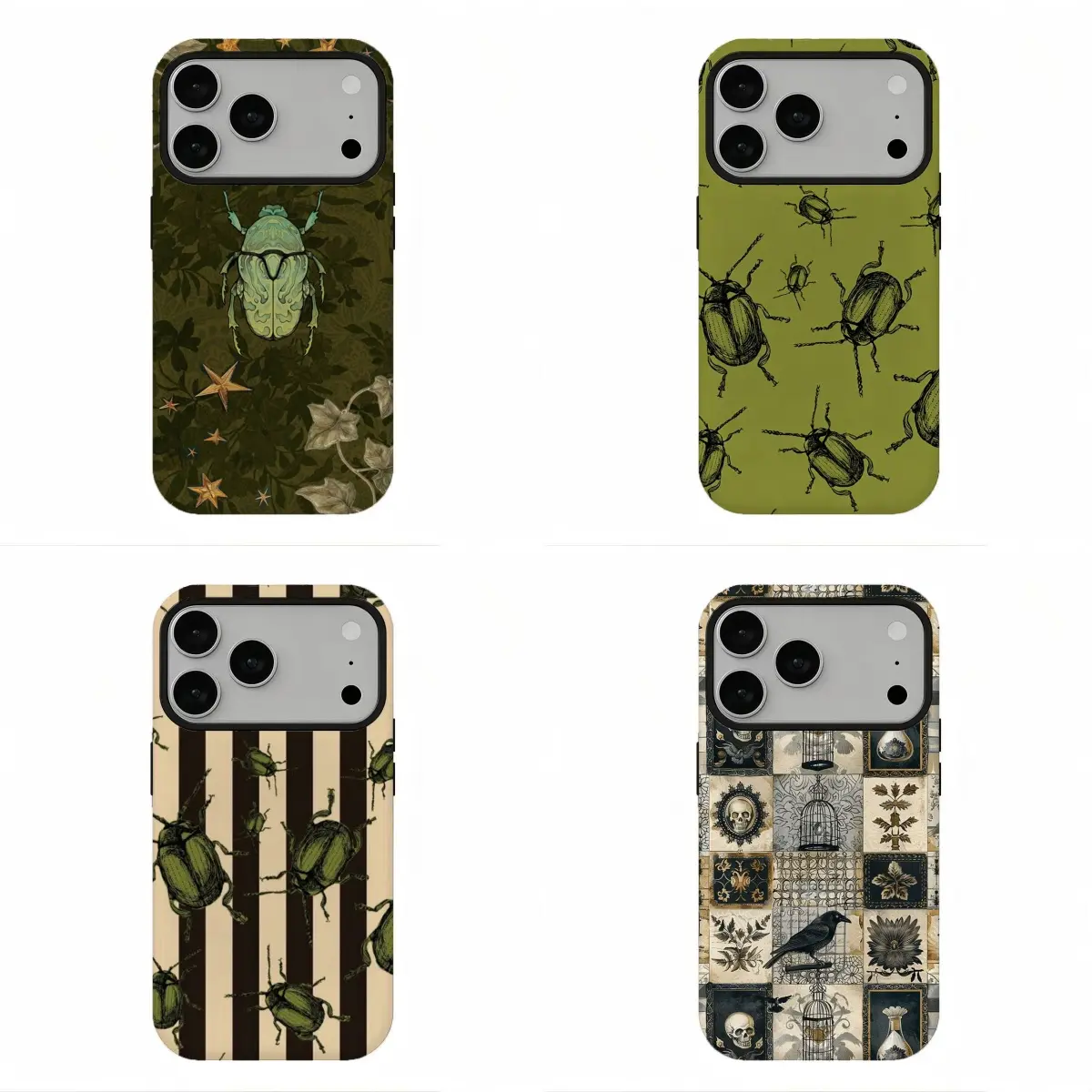 Gothic Cottagecore Beetle Smartphone Case - Whimsical Dark Bug & Skull Art, Dual Layer PC+TPU Shockproof Tough Cover, Camera Protection, for iPhone 11-17/Samsung S21-S26, Victorian Nature Accessory, Whimsical Gifts, Funky Unique Polycarbonate Accessory