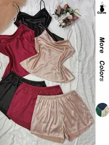 【Plus Size】 6 Pieces Solid Satin Loungewear Set, Regular Fit Casual Elegance Draped Spaghetti Cami Top & Elastic Waist Shorts, Women's Homewear Sleepwear Pajamas , Summer Lounge Womenswear Pajama, Pajama Sets Women