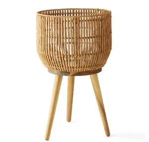 13 Inch Round Brown Resin Rattan Planter & Stand with Acacia Wood Legs for Modern Home Decor