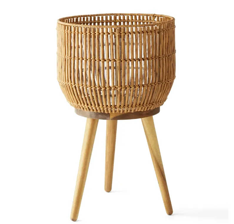 13 Inch Round Brown Resin Rattan Planter & Stand with Acacia Wood Legs for Modern Home Decor 13 Inch Round Brown Resin Rattan Planter & Stand with Acacia Wood Legs for Modern Home Decor