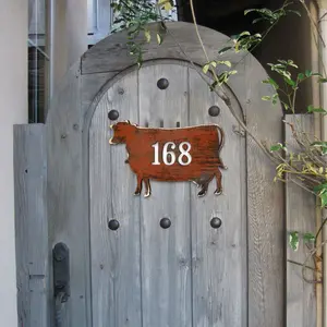 Designocracy MA98140-12 12 in. Cow Wooden Custom House Number Sign, Decorative Home Sign for Gift & Artwork (Home Decor Plaque)