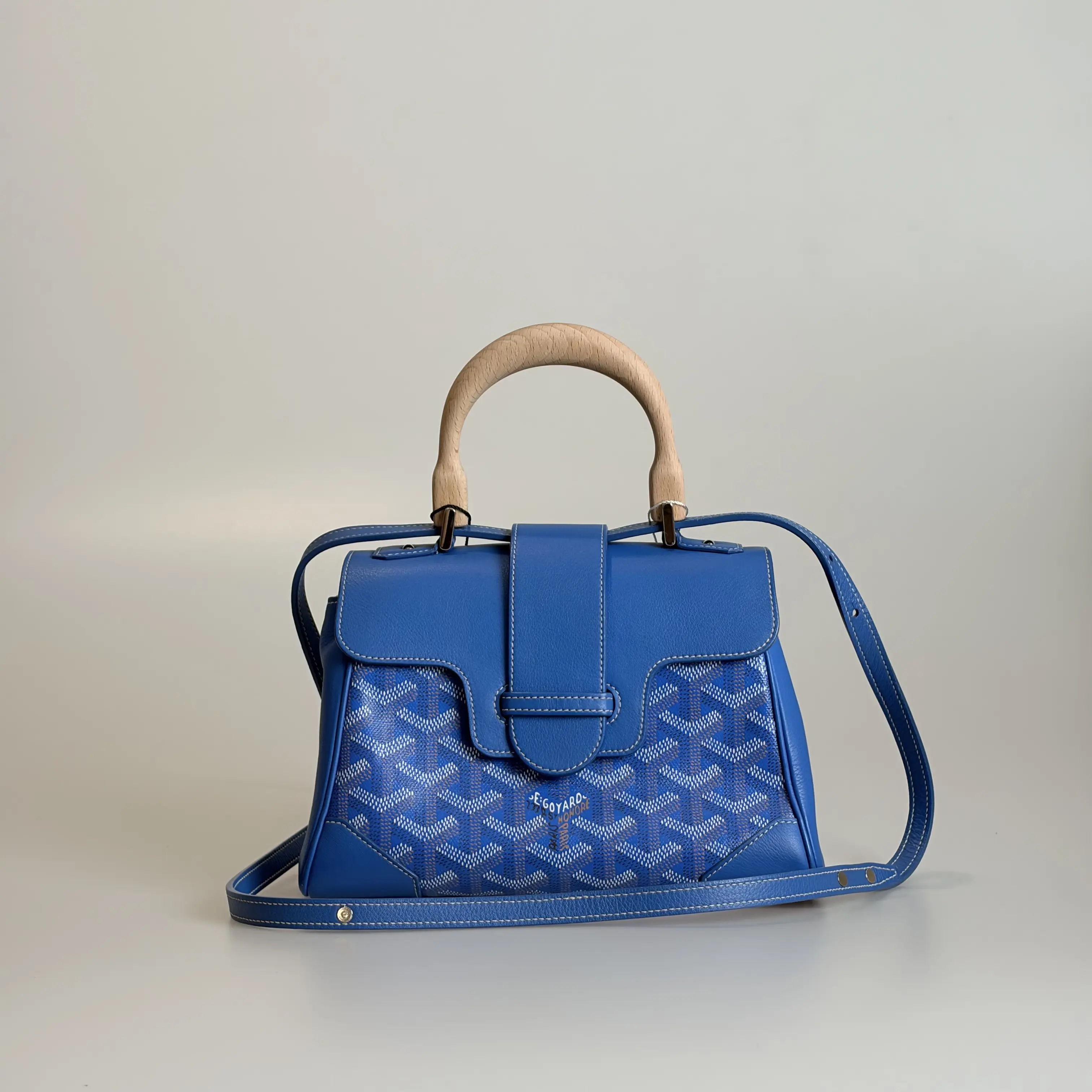 Pre-owned Goyard Coated Canvas & Calfskin Crossbody Bag Saigon Mini Blue Goyardine with Wood Handle 50901110 Sold As Is / Final Sale