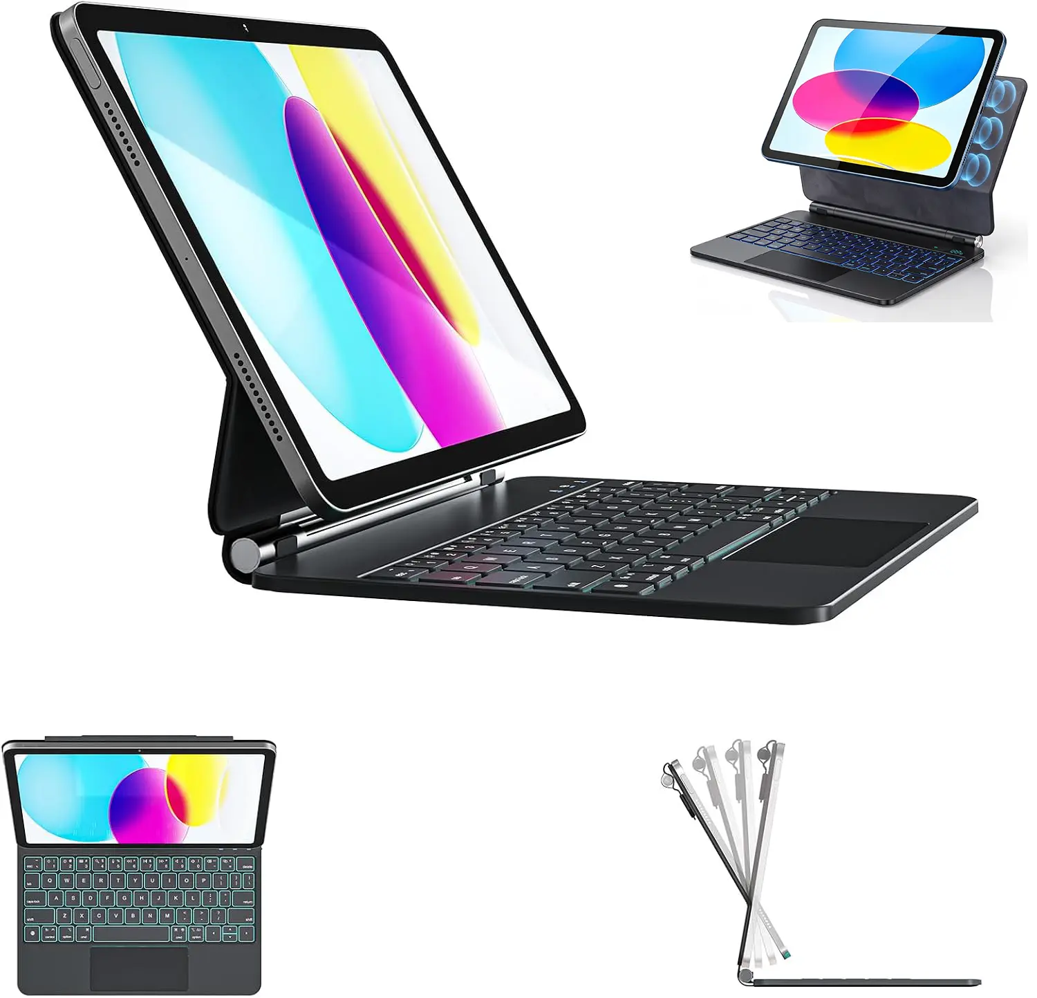 for iPad A16 11th/10th Gen Case Keyboard, Magnetic Floating Stand Magic-Style Keyboard, Springy 7-Color Backlit Keys, Multi-Touch Trackpad, Stain-Resistant Surface, Rechargeable, Black