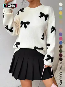 Women's Fashion Bow Print Casual Loose Knit Sweater, New Long Sleeve Pullover for Autumn and Winter, Knitwear