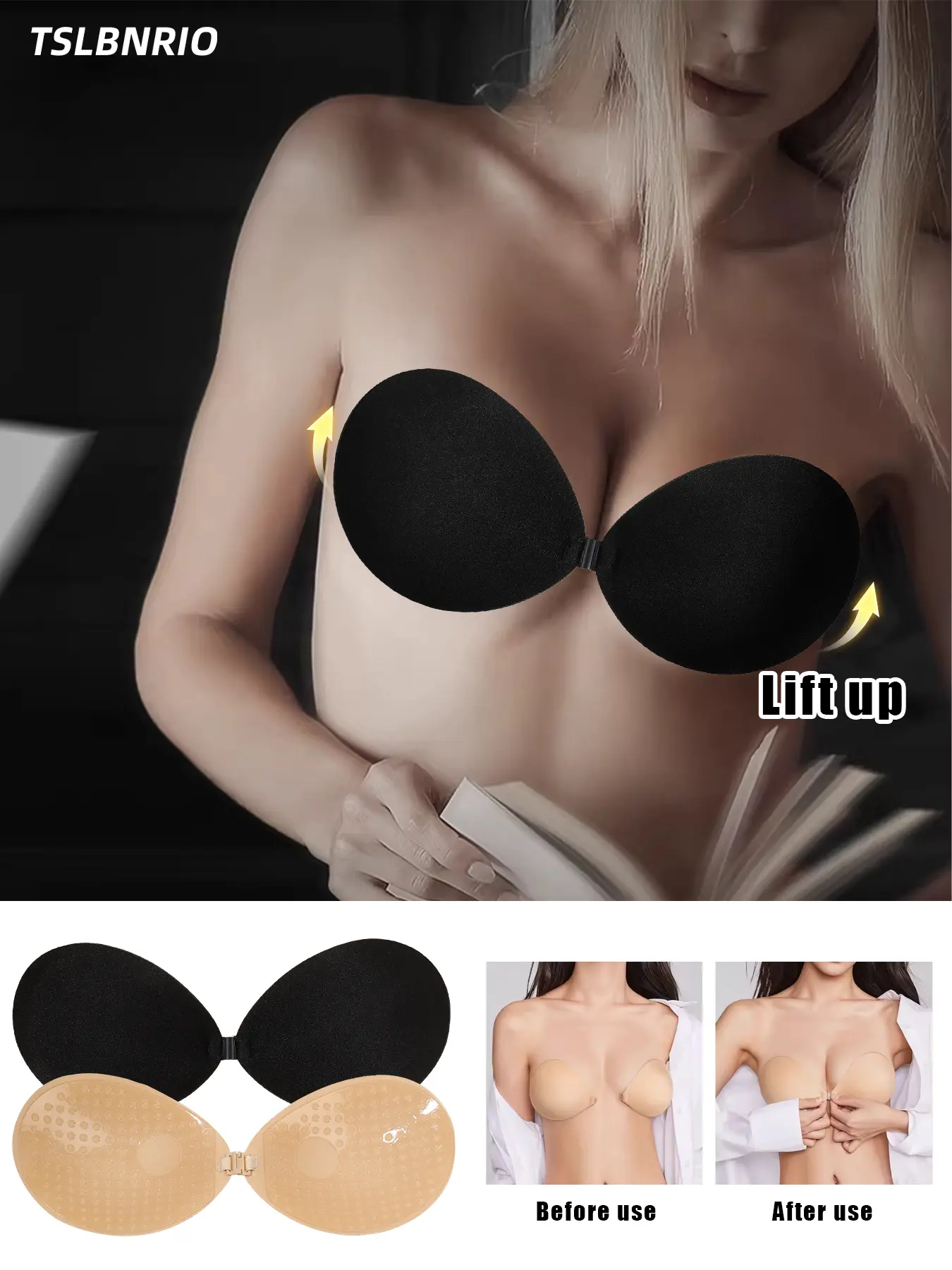 Reusable sticky gathering casual bra, gathers the breasts and prevents them from spreading outward. Invisible and seamless bra pads, no shoulder straps. Suitable for wedding dresses, formal gowns, swimsuits, and dresses. Wireless Padded Bras