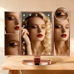 mothersdaygiftideas Tri-fold Lighted Vanity Makeup Mirror with 3x/2x Magnification,21 LEDs Light and Touch Screen,180 Degree Free Rotation Countertop Cosmetic Mirror,Travel