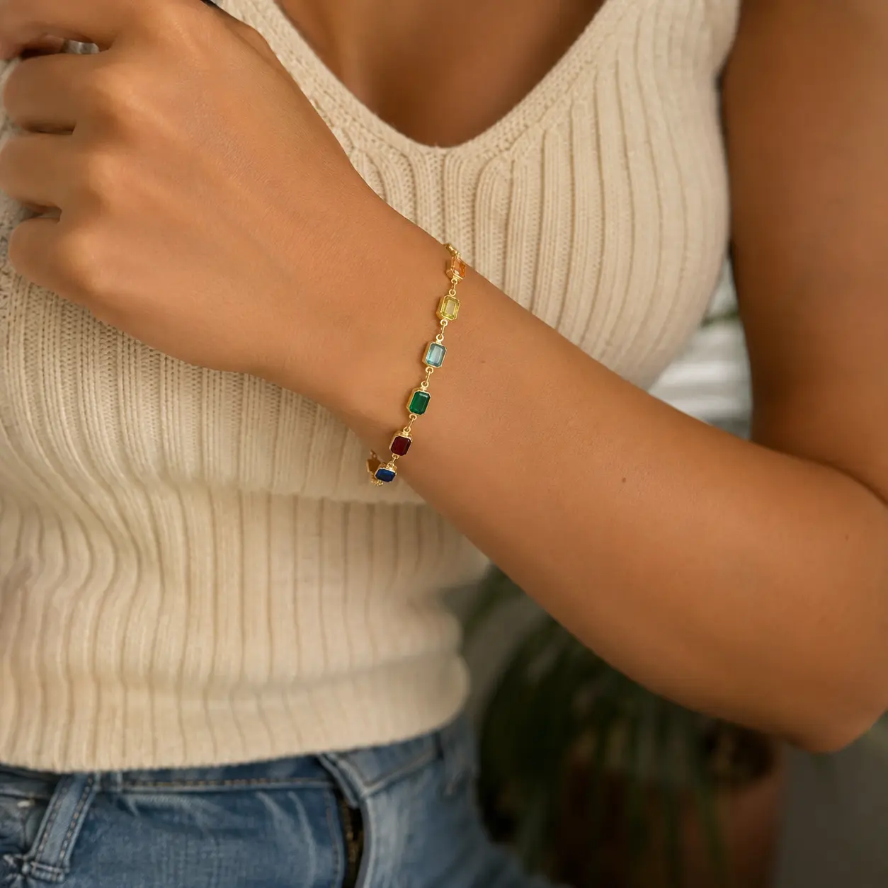 18K Gold Plated Rainbow Crystal Bracelet | Colorful Dainty Bracelet for Women | Waterproof & Hypoallergenic