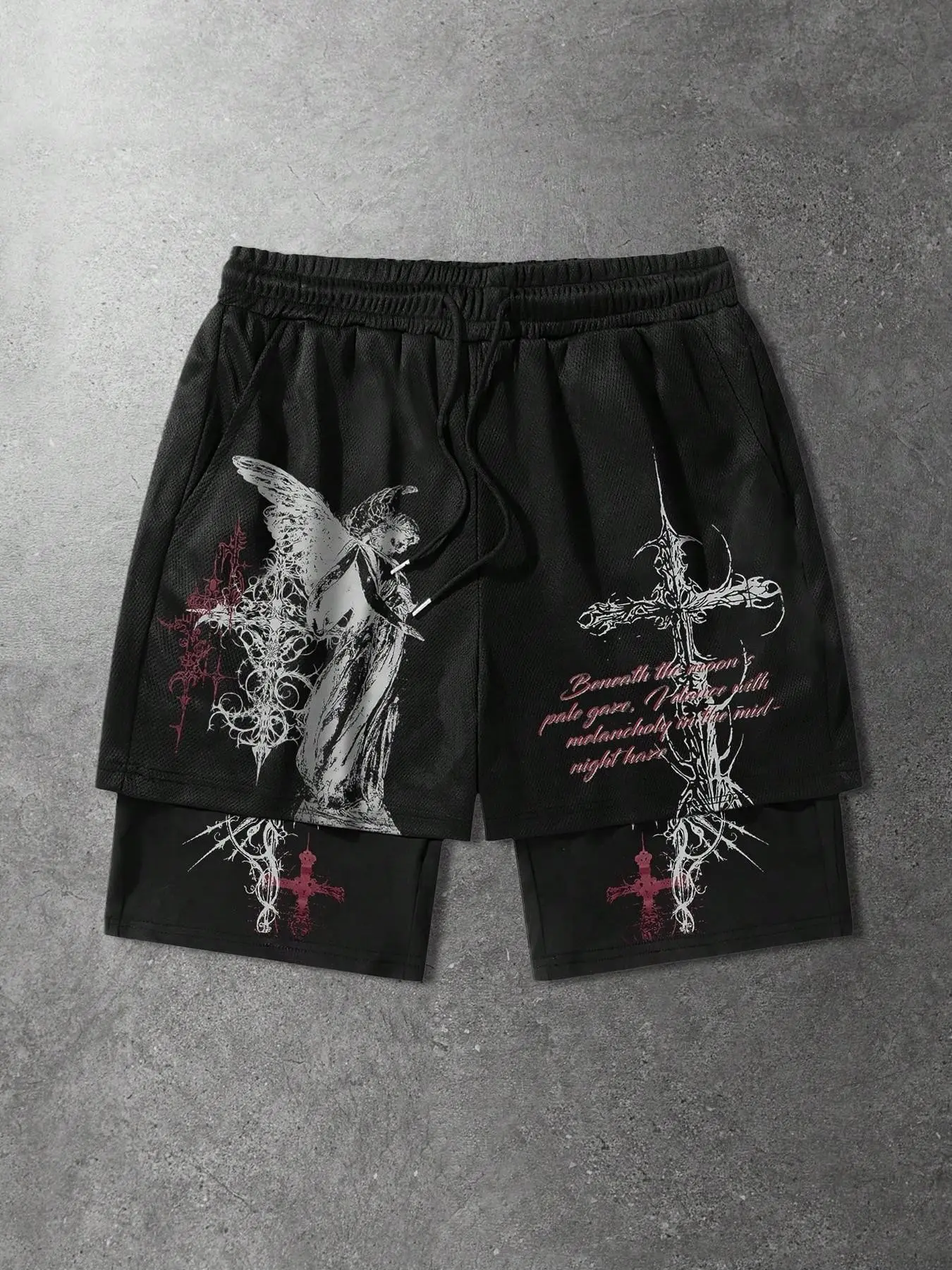 Unisex Black Angel Thorn Cross Fake Two-Piece Shorts, Oversized Fit, American High Street Dark Gothic Style, Summer Casual Versatile Bottoms with Double Layer Design & Dark Thorn Graphic, Y2K Aesthetic Trending Ins Streetwear, Loose Fit Shorts