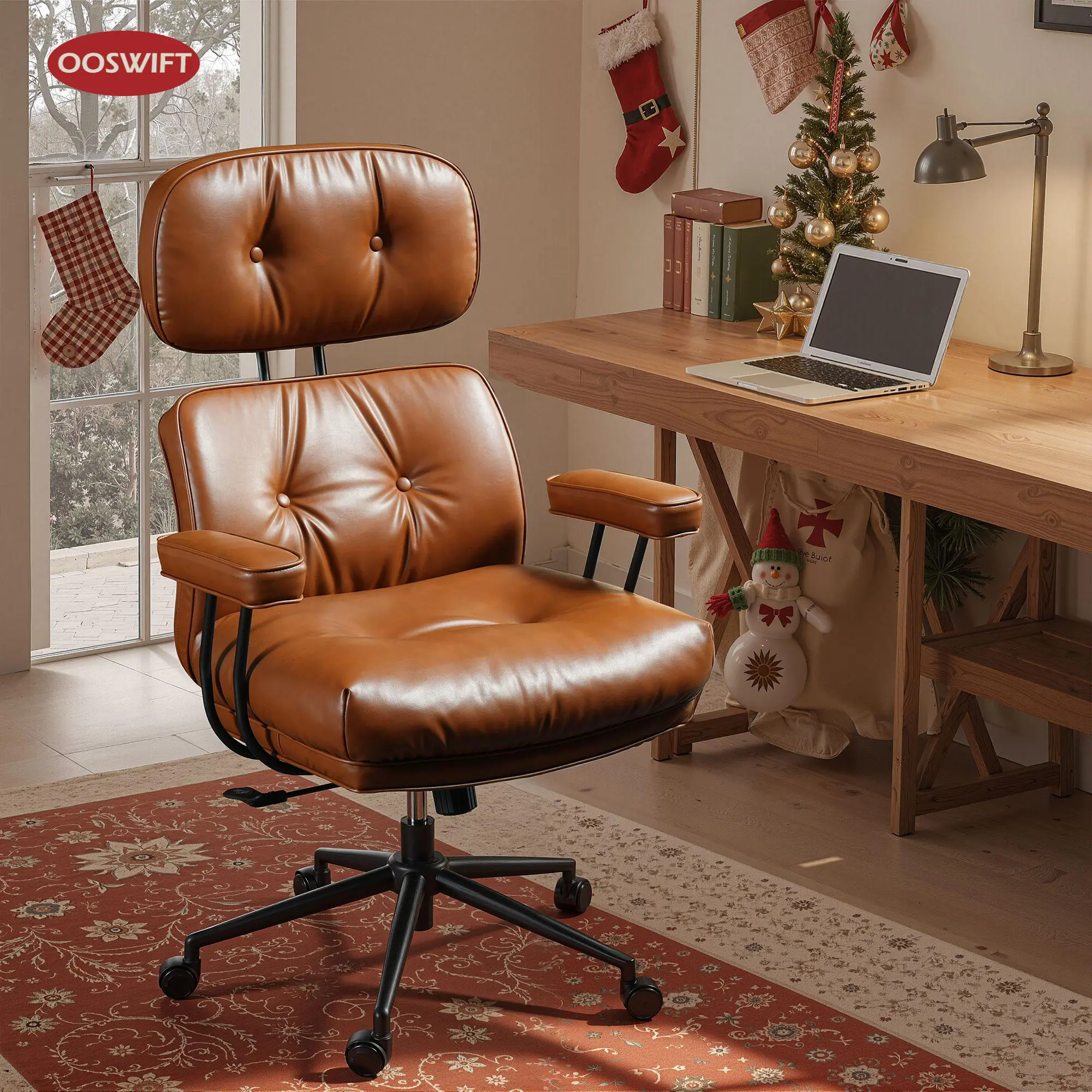 OOSWIFT Ergonomic Home Office Chair, Mid-Century Modern Faux Leather Chairs with Thickened Cushions, Comfy High Back Swivel Rolling Executive Computer Armchair