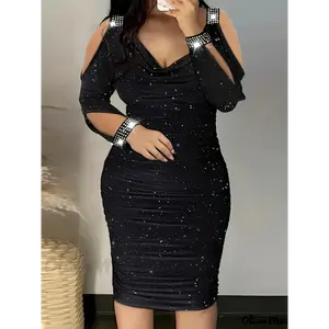 2025 Elegant Plus-Size Black Sequin V-Neck Dress with Cold Shoulder Design - Bodycon Knit Midi Women, Perfect for Spring/Summer/Fall Events Fabric Formal Polyester Womenswear Collar Workwear Comfort Chic Long Sleeve