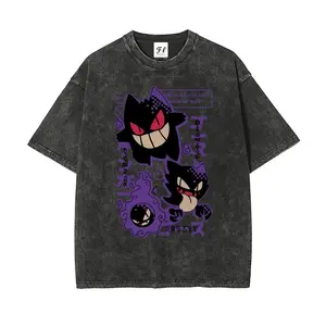 Unisex Pocket Monsters Japanese Text Washed T-Shirt, Vintage Anime Print Casual Summer Cotton Short Sleeve Crew Neck Tee, Streetwear Loose Fit Shirt for Men Women
