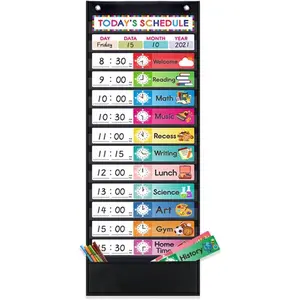 Daily Schedule Pocket Chart, class schedule, with 15 Dry-Eraser Cards - 13 Pockets for Classroom &  (Black)