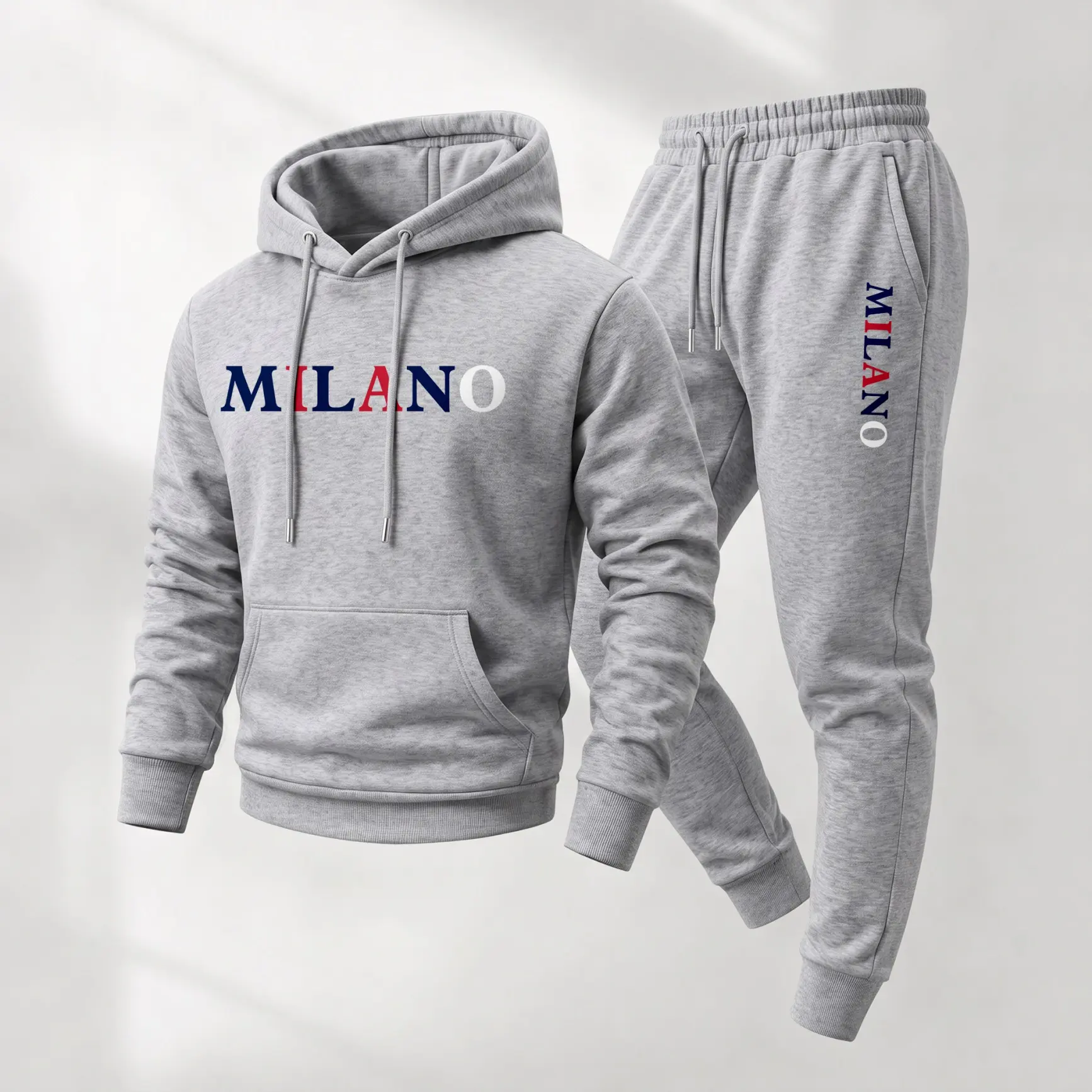 Men's 2-Piece Hoodie & Sweatpants Set, Minimalist MILANO Letter Print Athletic Loungewear, Breathable Polyester Tracksuit for Gym & Fall Wear, Breathable Activewear, Loose Casual Athleisure, Long Sleeve, Mensfashion, Drawstring