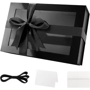 Large Black Gift Box with Window, 13.5x9x4.1 Inches Clear Gift Box for Present with Ribbon, Card, Magnetic Lid Groomsman Proposal Box (Glossy Black)