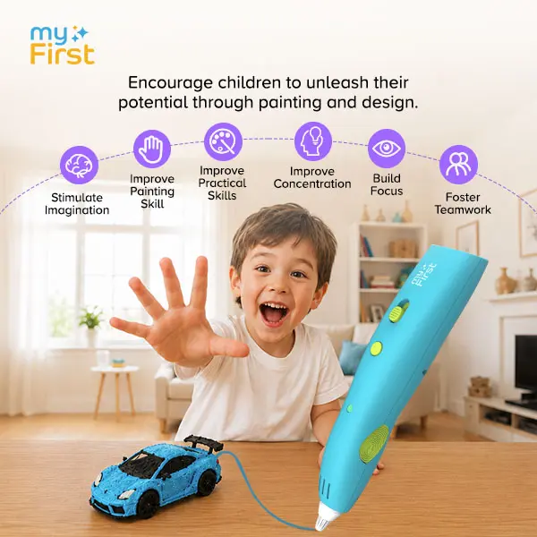 myFirst Kids 3D Pen Starter Kit - Safe Low-Temperature 3D Printing Pen with Safe Tip, 9 Color PCL Filaments, Cool-Touch Design, Rechargeable Wireless, Easy Use, STEM Educational Toy for Creative Projects, Birthday/Christmas Gift