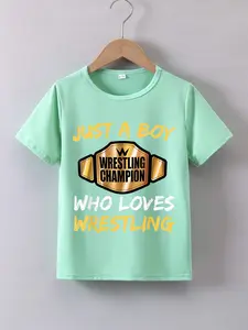 Boys Summer Short Sleeve Cartoon Print T-Shirt, Just a Boy Wrestling Champion Who Loves Wrestling Design, Ages 3-12, Graphic Printed Shirt