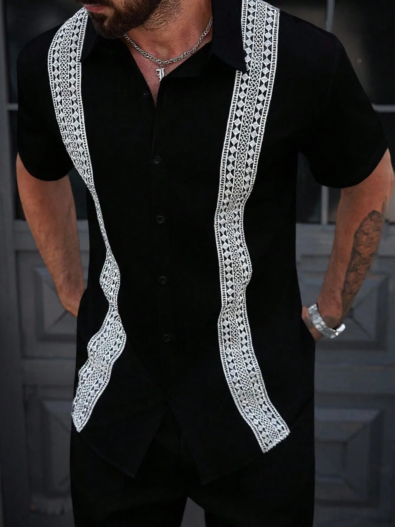 Shirts men - Men Contrast Geometric Pattern Summer Shirt — Lightweight, Stylish for Daily Wear funny shirt deals for today dad gifts outfits men men clothing vacation outfits fall outfits y2k clothing button shirt work men's clothing Menswear Top Gamis