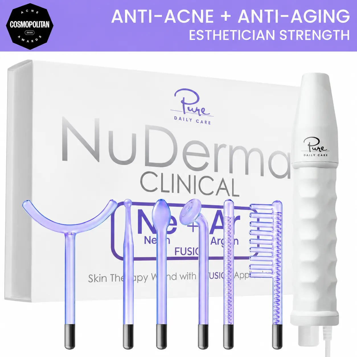 NuDerma Clinical High Frequency Wand with Fusion Neon-Argon Applicators Anti-Aging Anti-Acne by Pure Daily Care  Facial Beauty Instrument Facial Beauty Machine Facial Care Tool