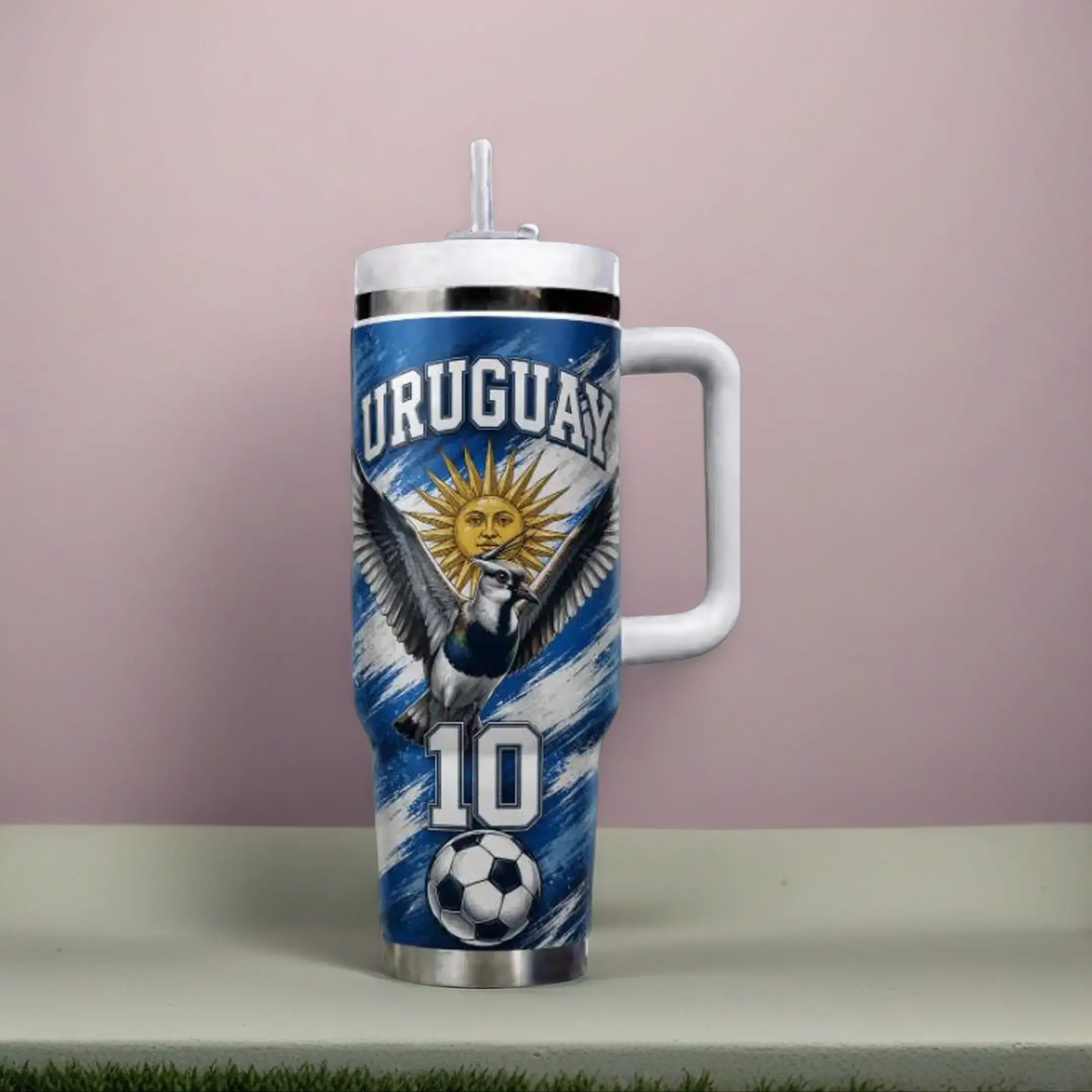 Personalized Uruguay Soccer 40oz Tumbler with Handle, Number 10 Football Fan Gift, Sun of May Travel Mug, Game Day Supporter Drinkware