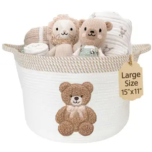 Teddy Bear Cotton Rope Storage Basket for Nursery 15"x11" - Gender Neutral Baby Gift & Toy Organizer